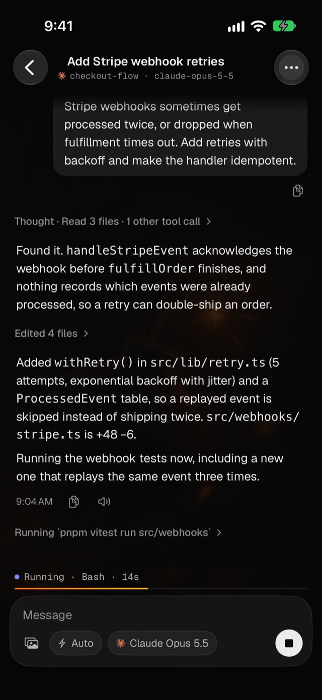 A Claude Code thread mid-turn on the phone, running tests